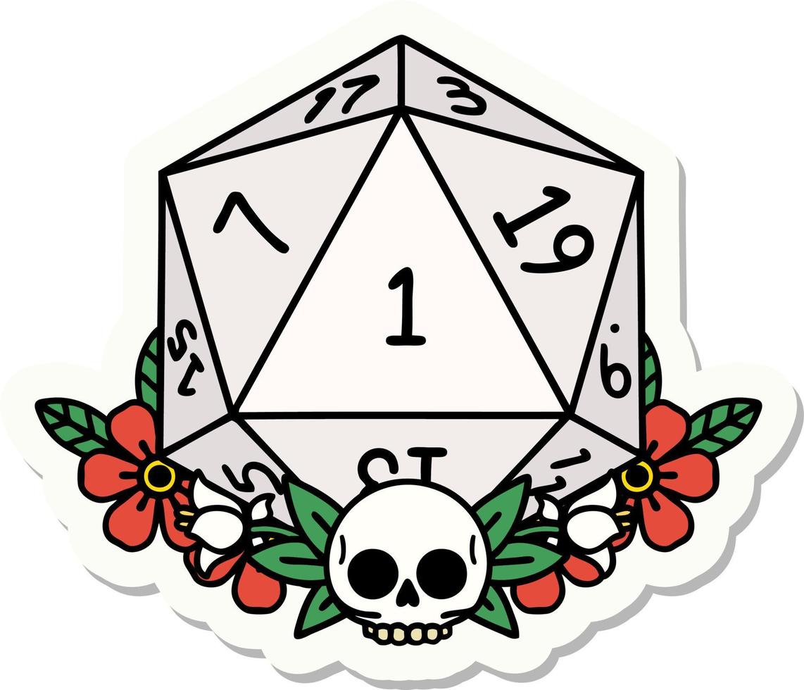 sticker of a natural one dice roll with floral elements vector