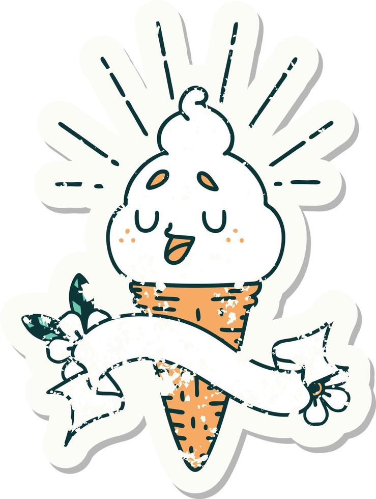 worn old sticker of a tattoo style ice cream character vector