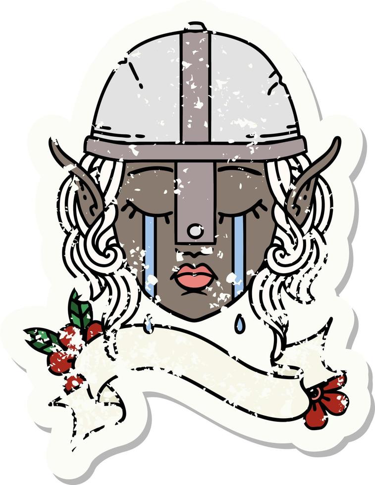Retro Tattoo Style crying elf fighter character face vector