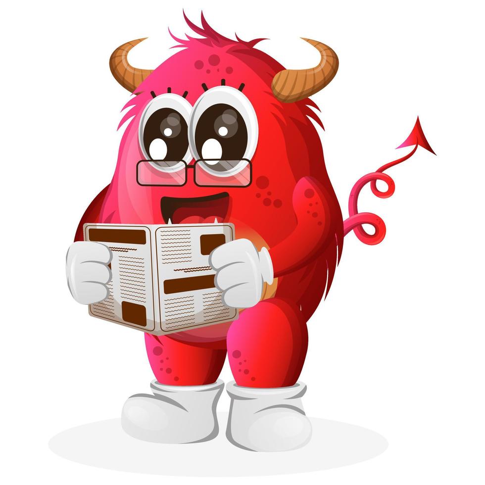 Vector Cute red monster read newspapers