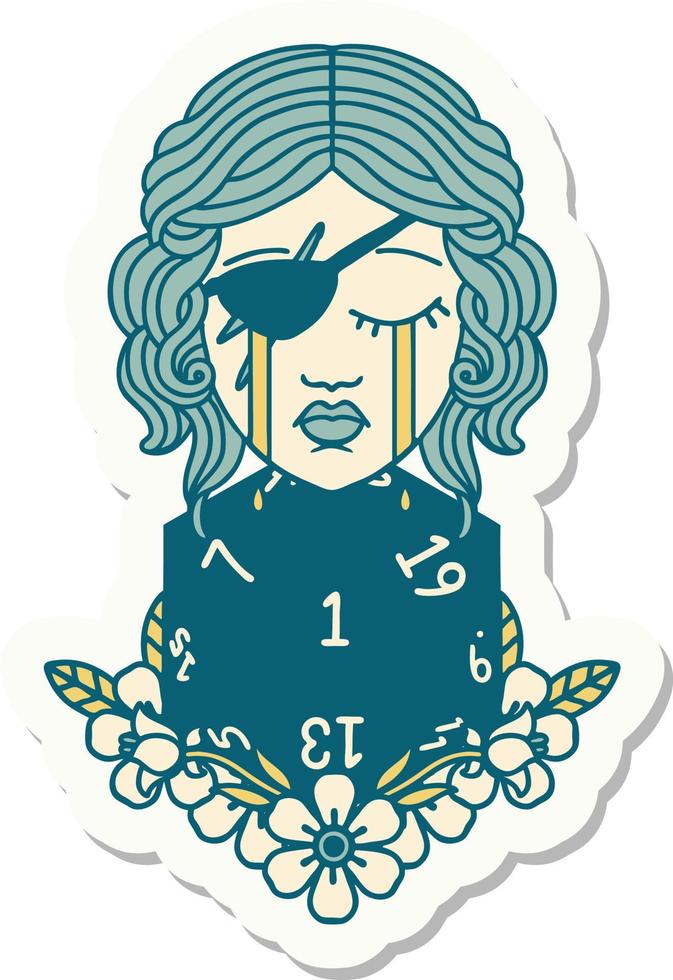 sticker of a crying human rogue with natural one d20 roll vector