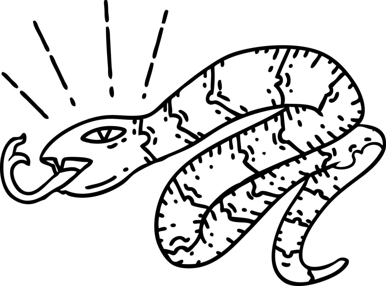 ilustración de una serpiente sibilante estilo tatuaje de línea negra tradicional vector