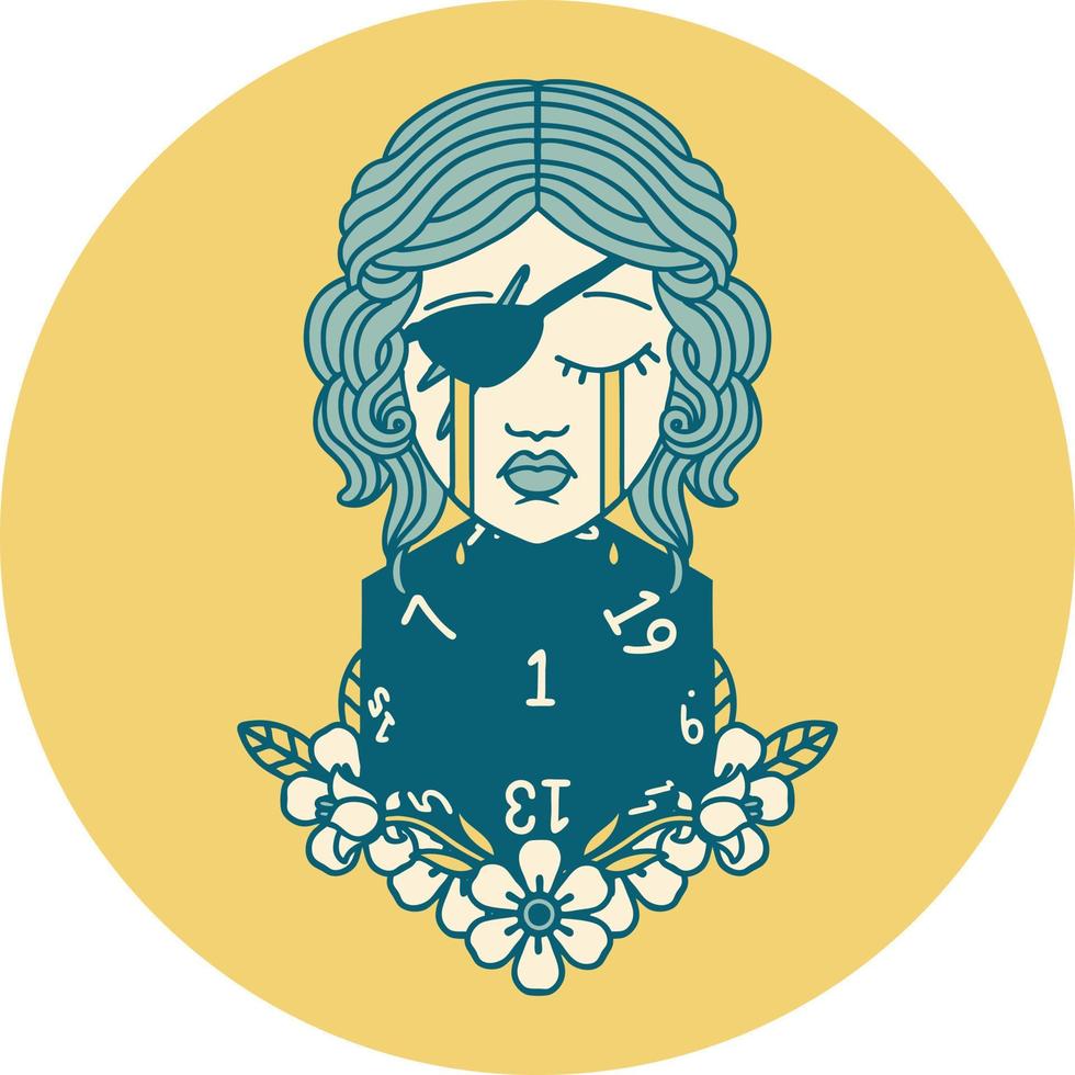 icon of crying human rogue with natural one d20 roll vector