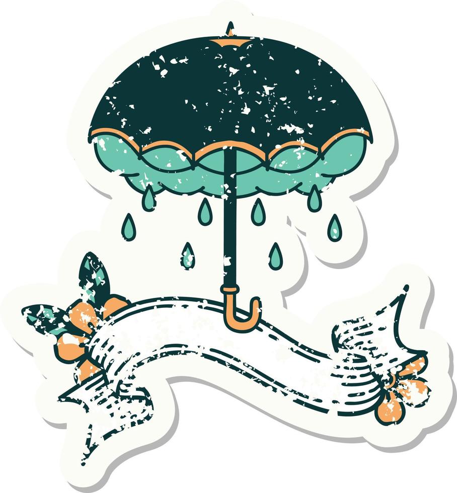 worn old sticker with banner of an umbrella and storm cloud vector