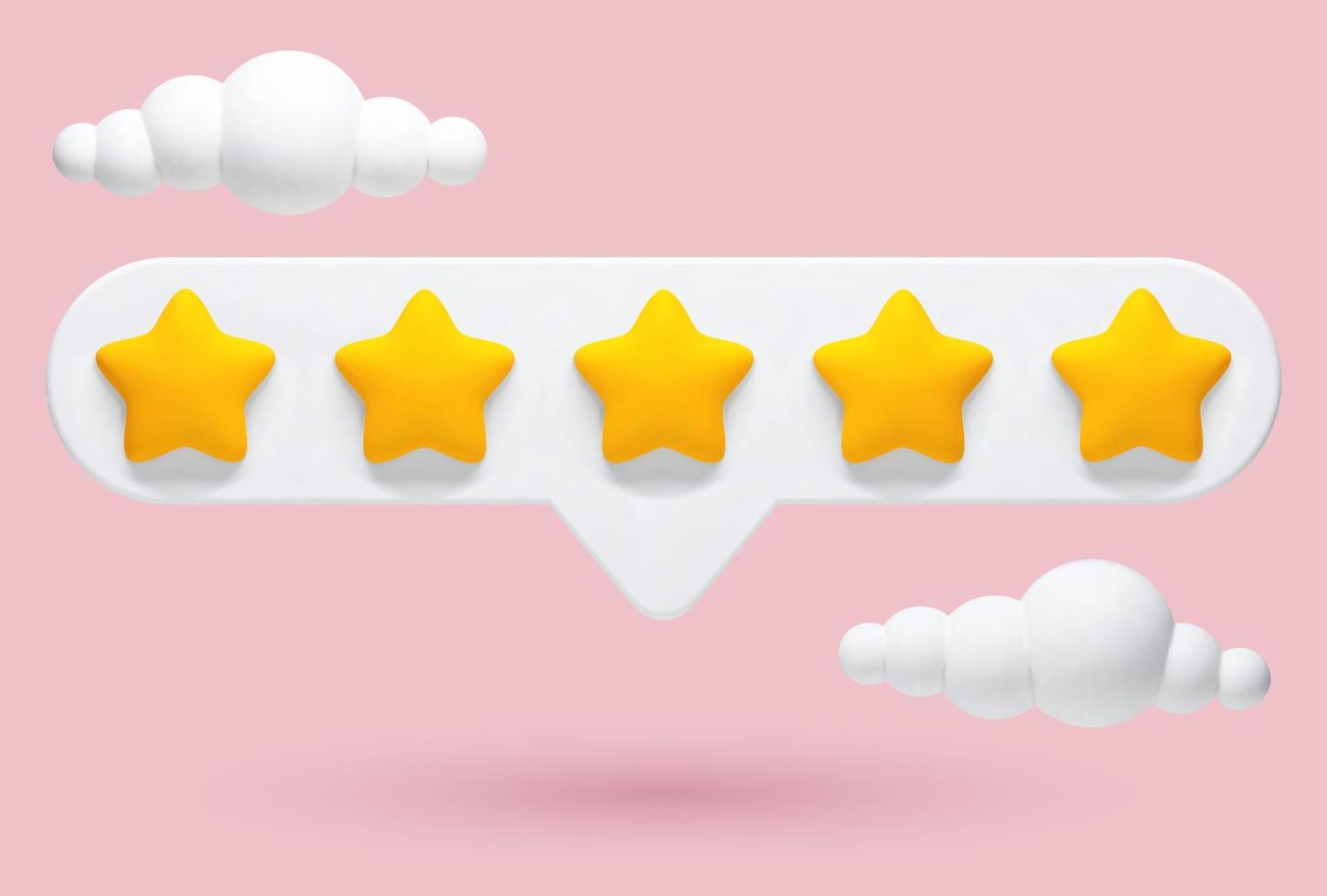 vector 3d ilustración realista de comentarios de 5 estrellas, evaluación de un producto o servicio en un fondo rosa con nubes