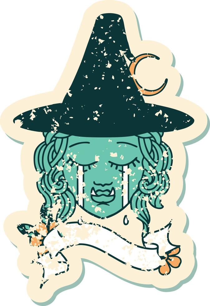 Retro Tattoo Style crying half orc witch character face vector