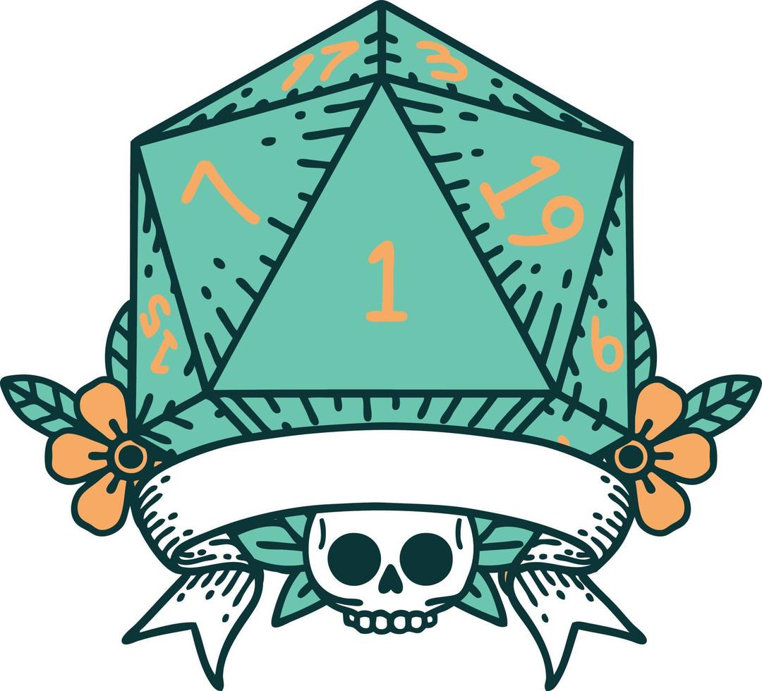 Retro Tattoo Style natural one d20 dice roll vector