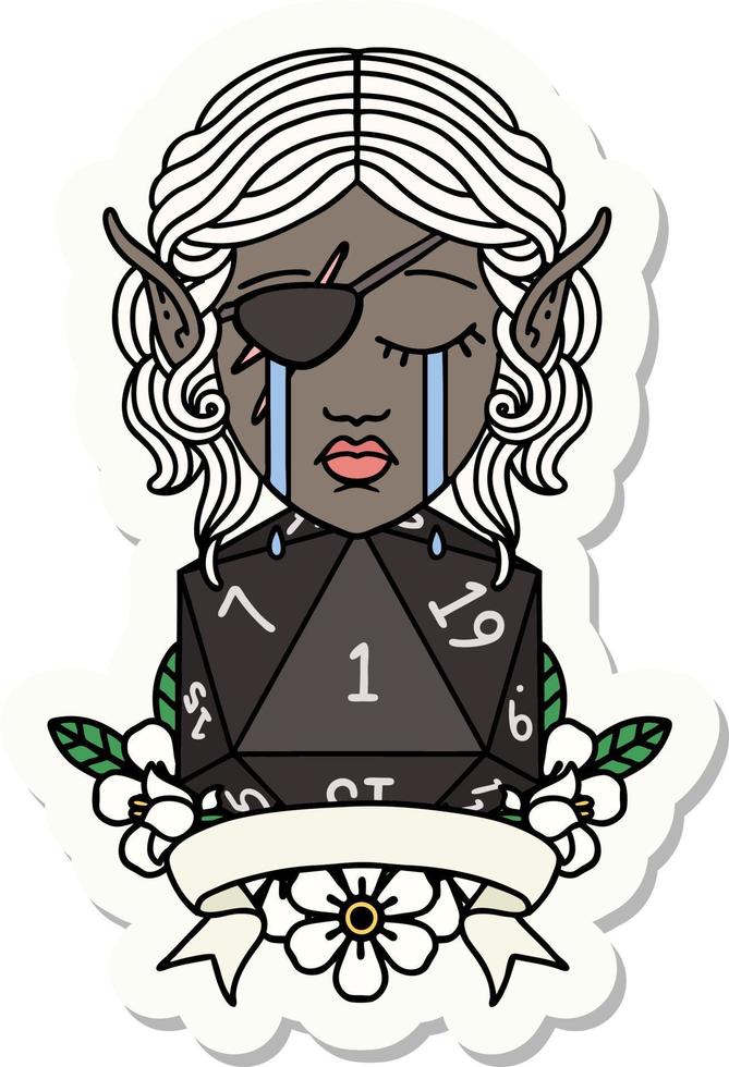 sticker of a crying elf rogue character with natural one D20 roll vector
