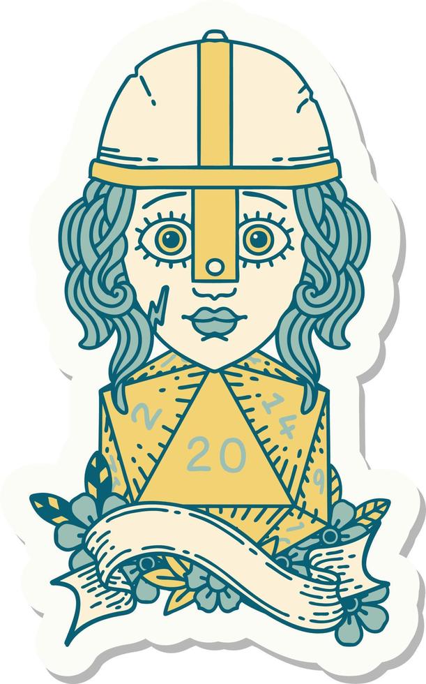 sticker of a human fighter with natural twenty dice roll vector