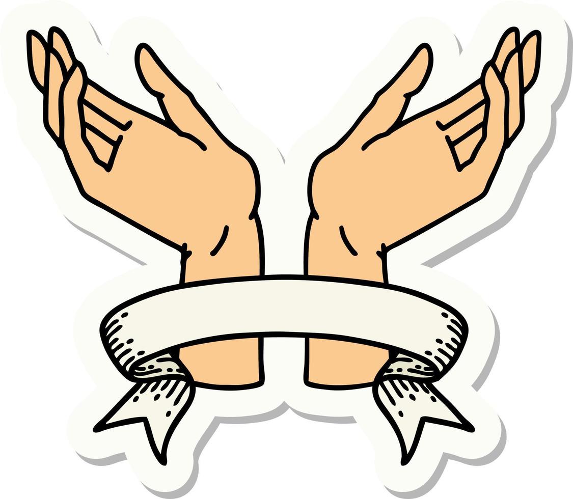 tattoo style sticker with banner of open hands vector