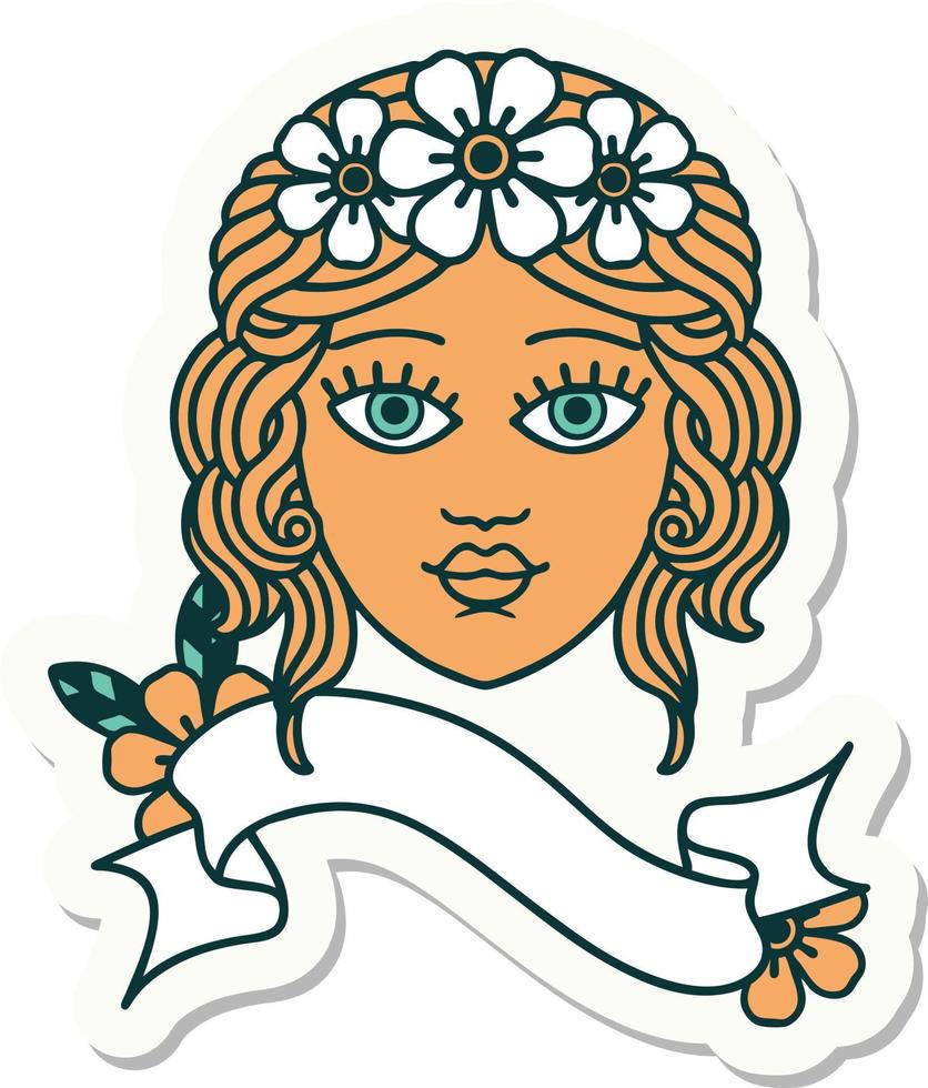 tattoo style sticker with banner of female face with crown of flowers vector