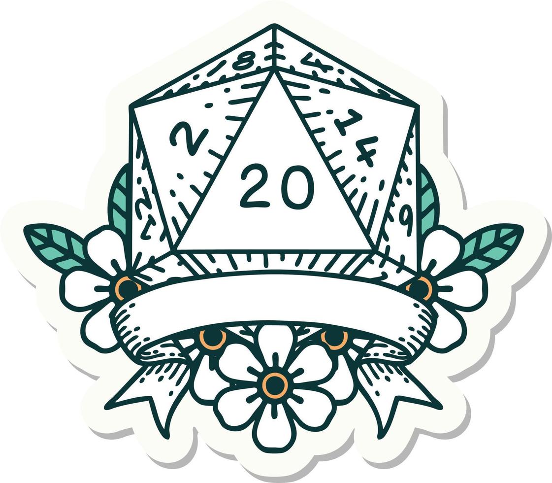 sticker of a natural 20 critical hit D20 dice roll vector