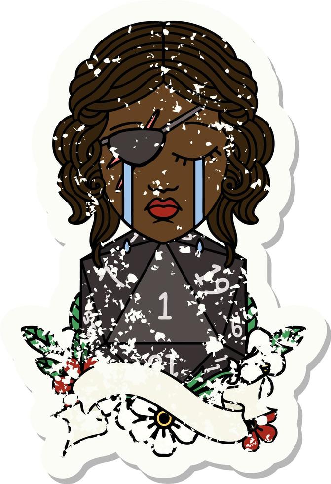 Retro Tattoo Style crying human rogue with natural one D20 roll vector