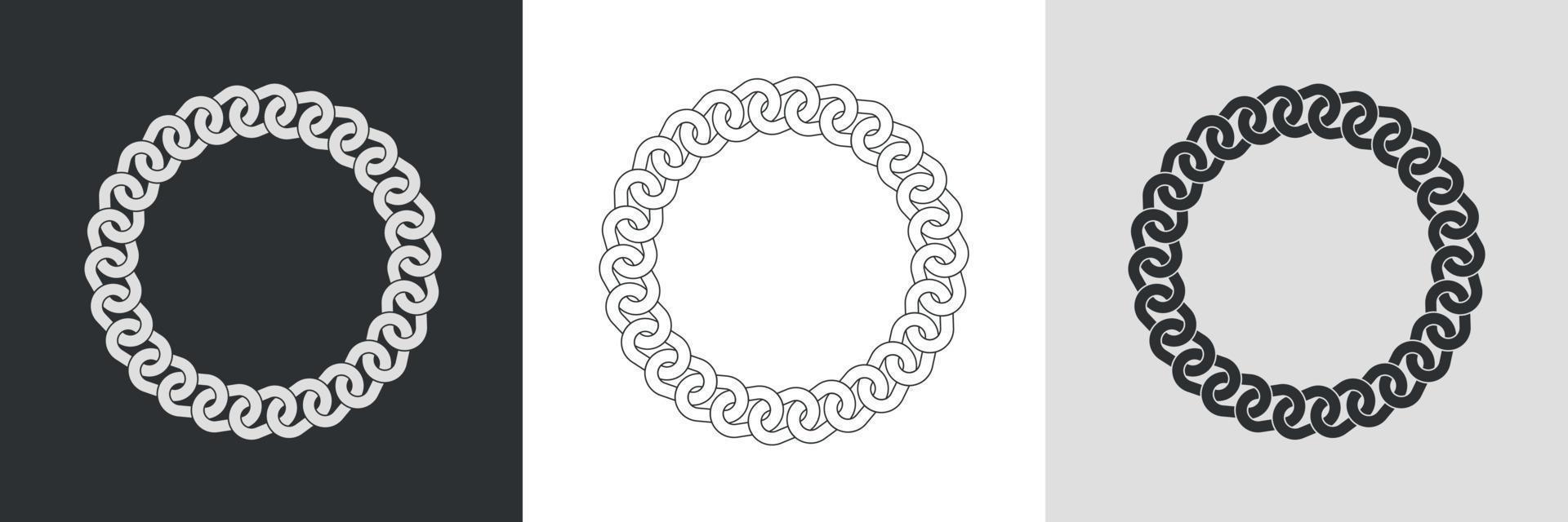 Chain round frames. Set of circle border chains silhouette, line art and inversion. Seamless wreath circle shape. Jewelry design, text frame. Vector illustration