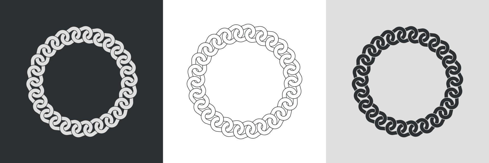 marcos redondos de cadena. conjunto de silueta de cadenas de borde circular, arte lineal e inversión. forma de círculo de corona sin costuras. diseño de joyas, marco de texto. ilustración vectorial vector