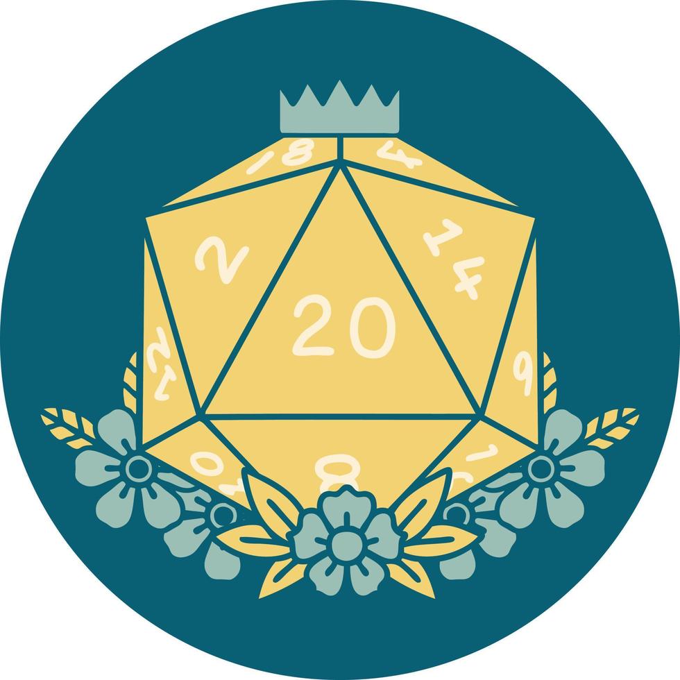 Retro Tattoo Style natural 20 D20 dice roll with floral elements vector
