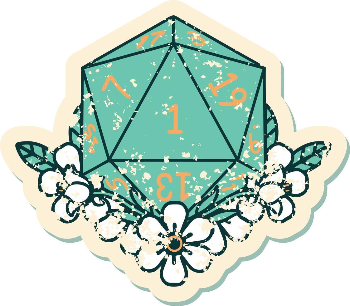 grunge sticker of a natural one dice roll with floral elements vector