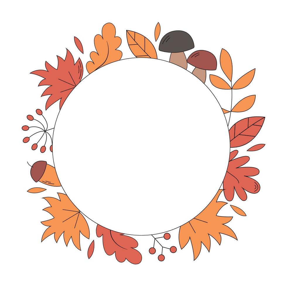 Autumn round background with maple, oak leaves, mushrooms and berries. Vector illustration circle of autumn leaves, banner template