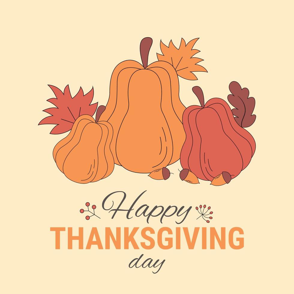 Thanksgiving cute cartoon poster. Vector autumn banner with three pumpkins and bright falling leaves. Greeting card for the fall season, holidays.