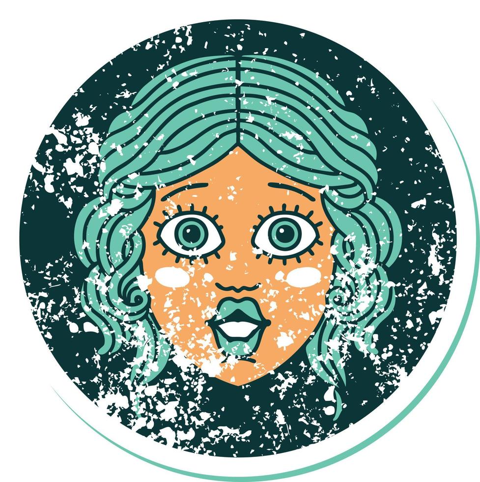 iconic distressed sticker tattoo style image of female face vector