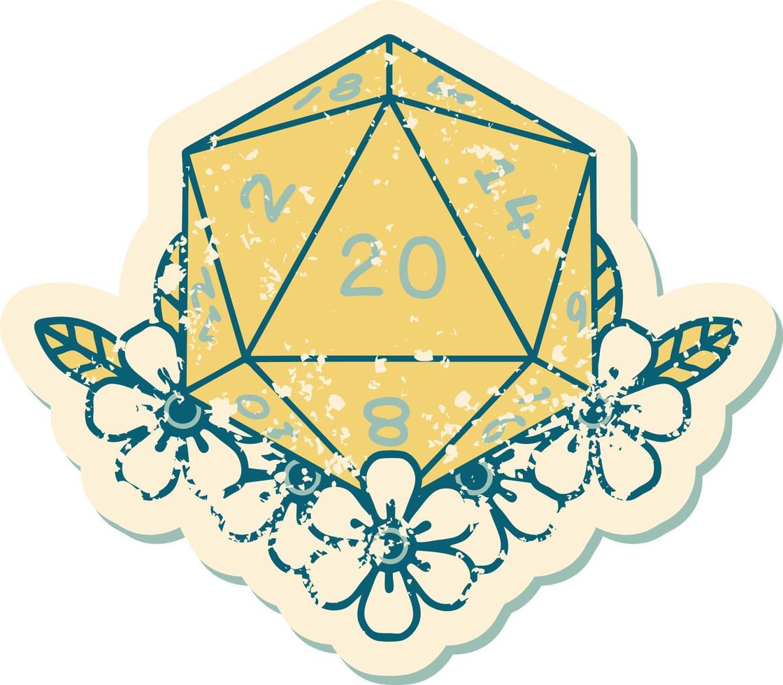 Retro Tattoo Style natural 20 D20 dice roll with floral elements vector