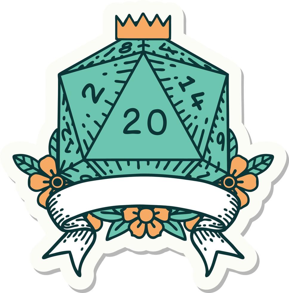 sticker of a natural 20 critical hit D20 dice roll vector