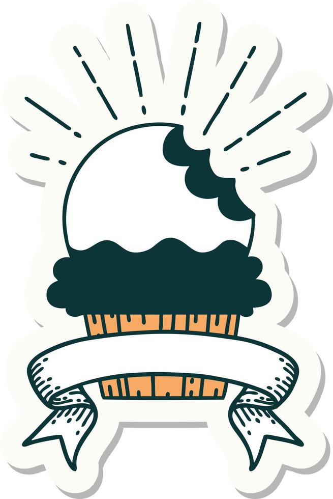 sticker of a tattoo style cupcake with missing bite vector