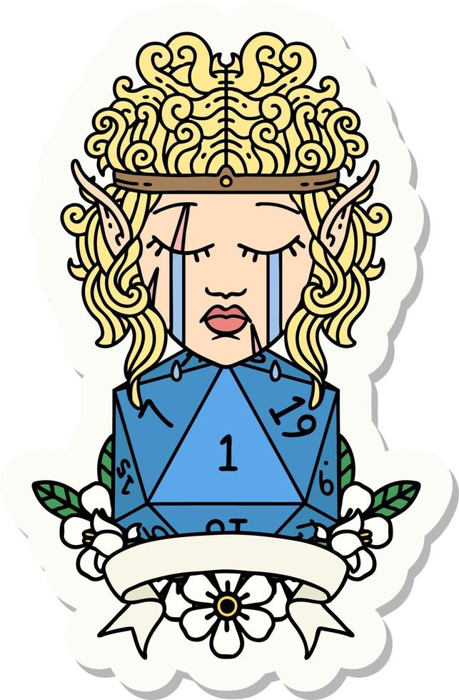 sticker of a sad elf barbarian character with natural one roll vector