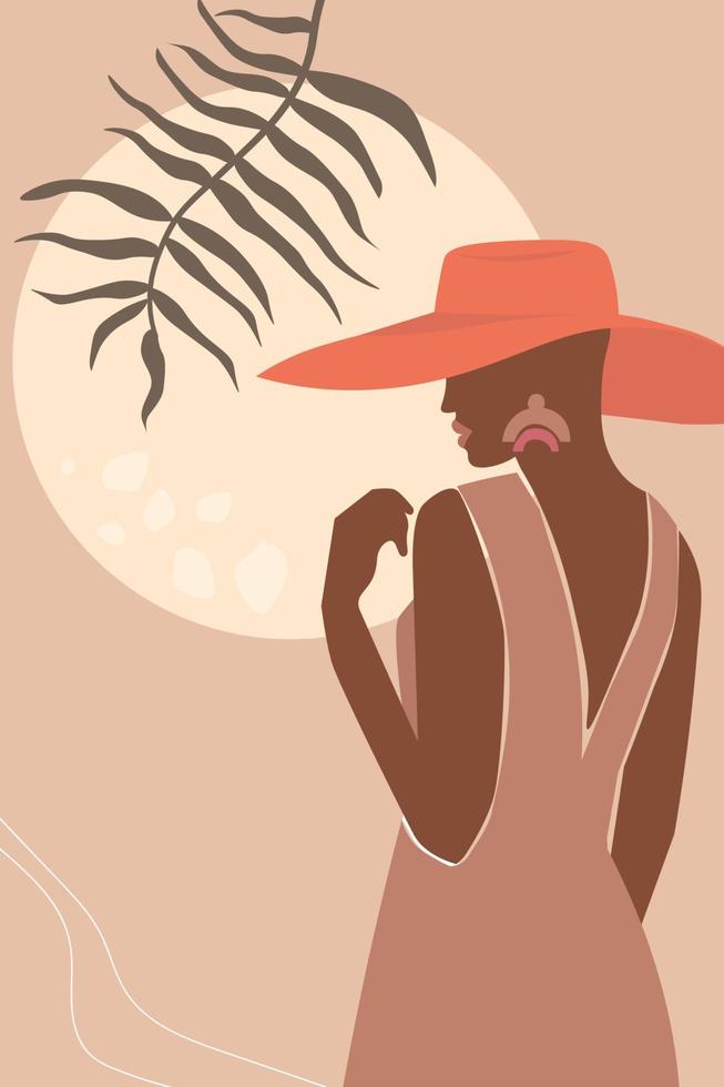 mujer africana de perfil. Afiche contemporáneo abstracto con una chica en un sombrero sobre un fondo de sol y hojas tropicales. gráficos vectoriales vector