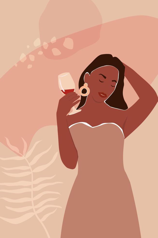 A woman with a glass in her hand. Abstract contemporary poster with a girl at a party on the background of the sun and tropical leaves, . Vector graphics.