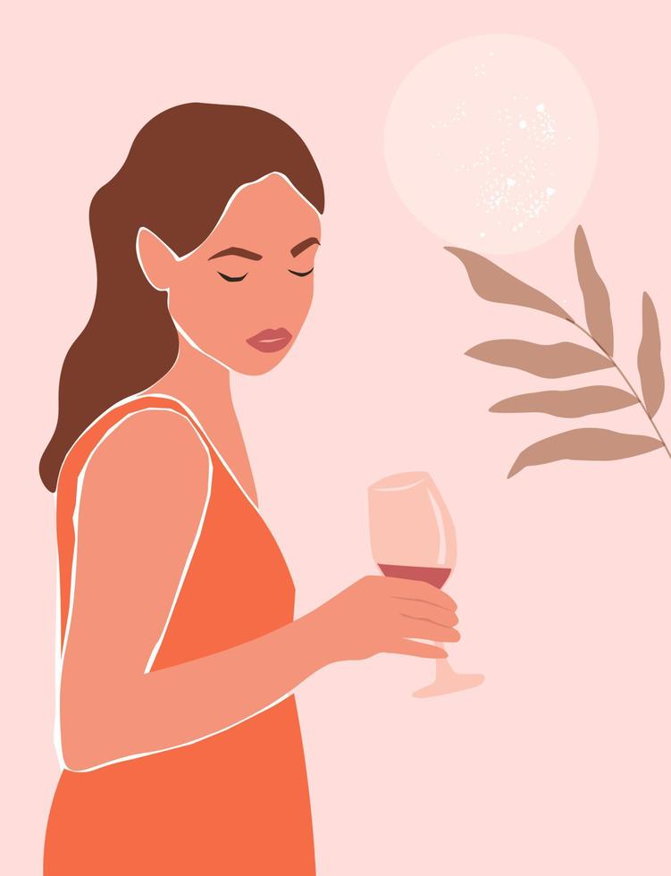 A woman with a glass in her hand. Abstract contemporary poster with a girl at a party on the background of the sun and tropical leaves, . Vector graphics.