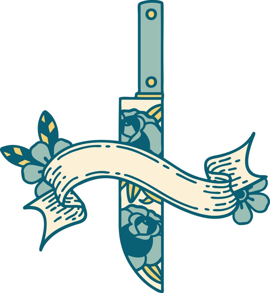 traditional tattoo with banner of a dagger and flowers vector