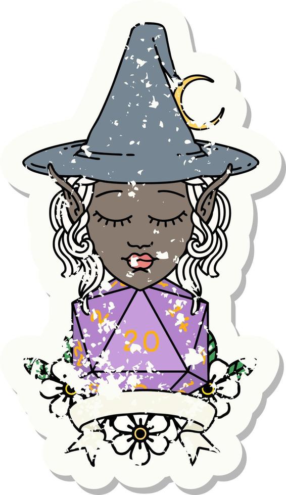 Retro Tattoo Style elf mage character with natural twenty dice roll vector