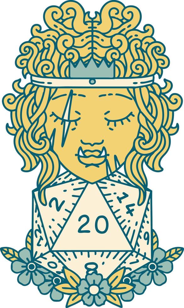 Retro Tattoo Style half orc barbarian with natural twenty dice roll vector
