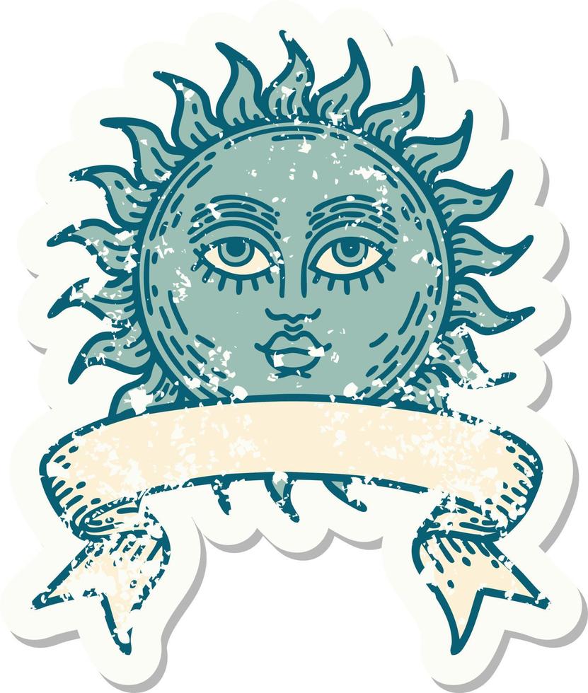 worn old sticker with banner of a sun with face vector