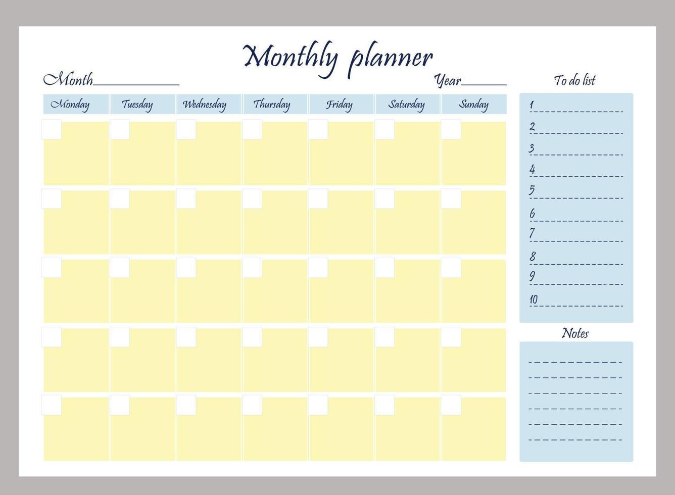 Monthly planner organizer. Plan, to-do list and notes. Vector illustration. Horizontal template