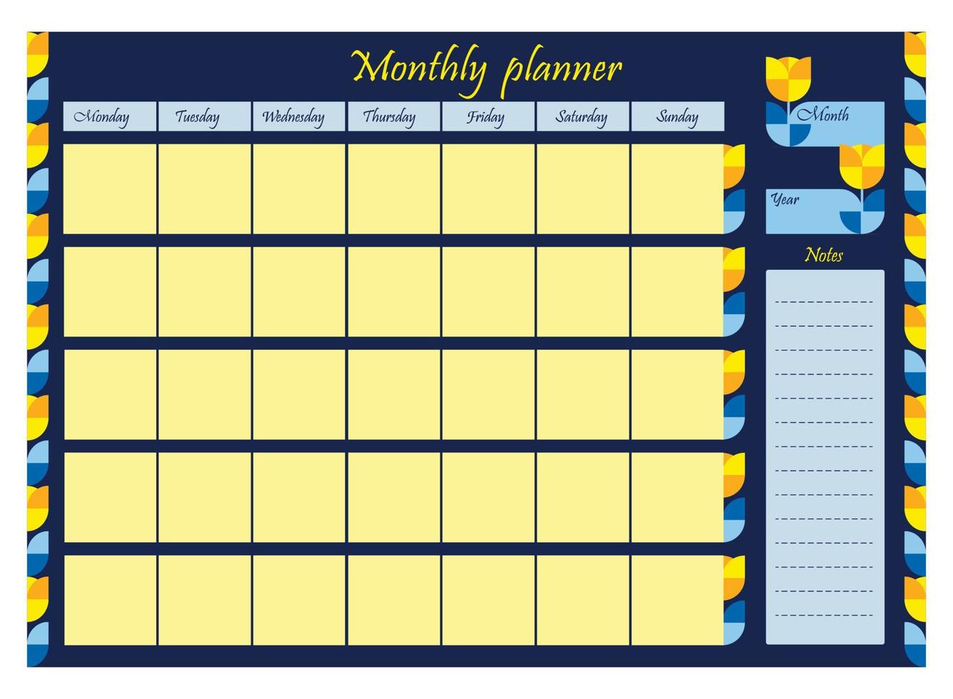 organizador de planificador mensual. plan, lista de tareas y notas. ilustración vectorial plantilla horizontal en color amarillo-azul con motivos geométricos florales vector