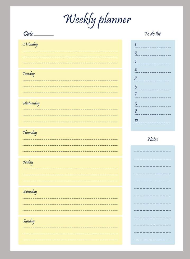 Weekly planner. Vertical pattern. Vector illustration. Organizer, planner and notes in yellow blue color
