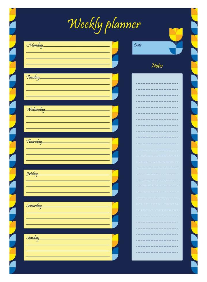Weekly planner. Vertical pattern. Vector illustration. Organizer, planner and notes in yellow blue color with floral geometric pattern