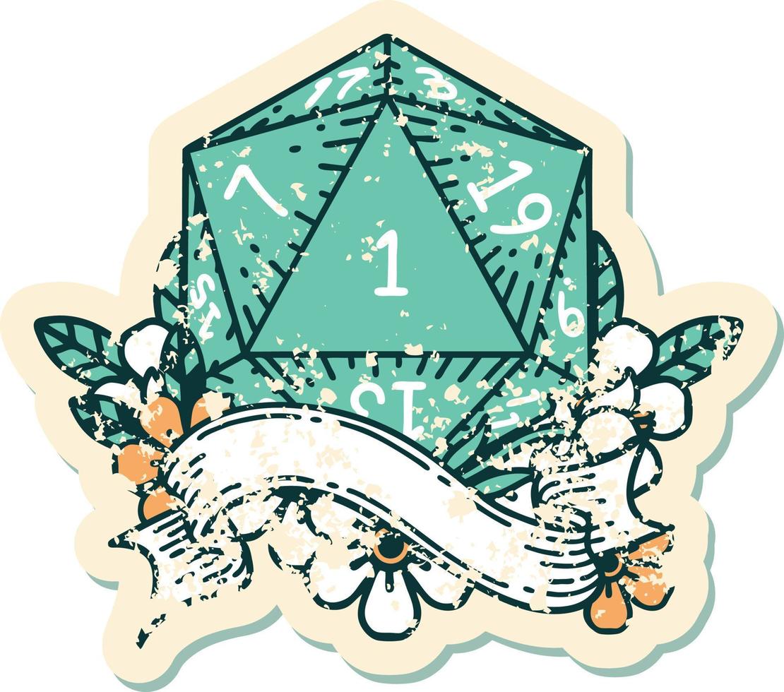 Retro Tattoo Style natural one d20 dice roll vector