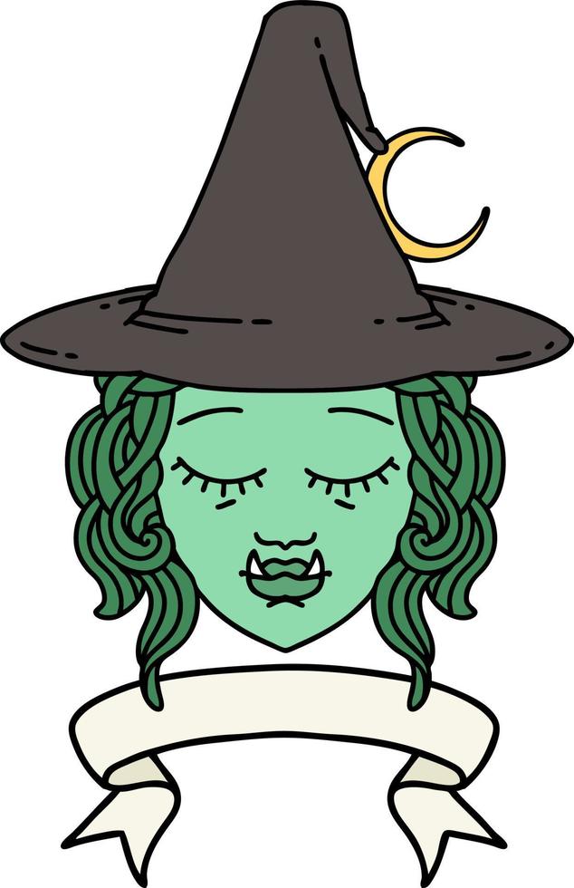 Retro Tattoo Style half orc witch character face with banner vector