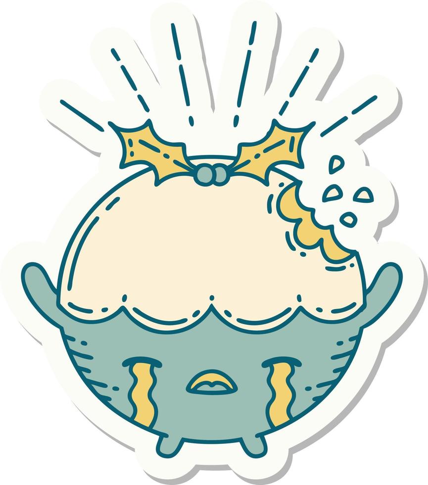 sticker of a tattoo style christmas pudding character crying vector