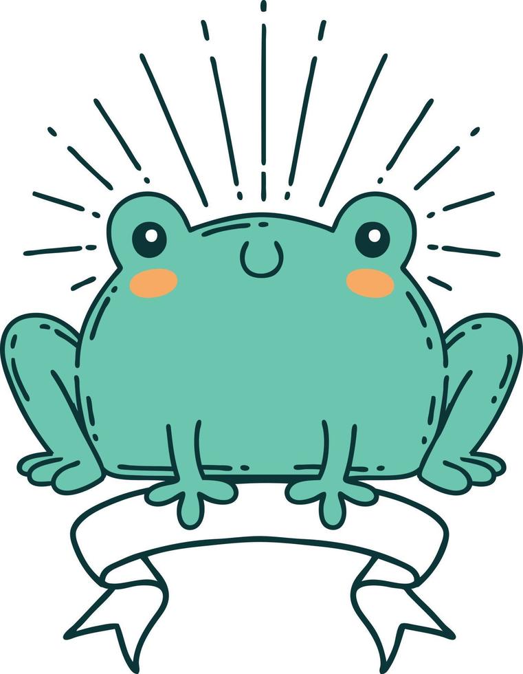 scroll banner with tattoo style happy frog vector