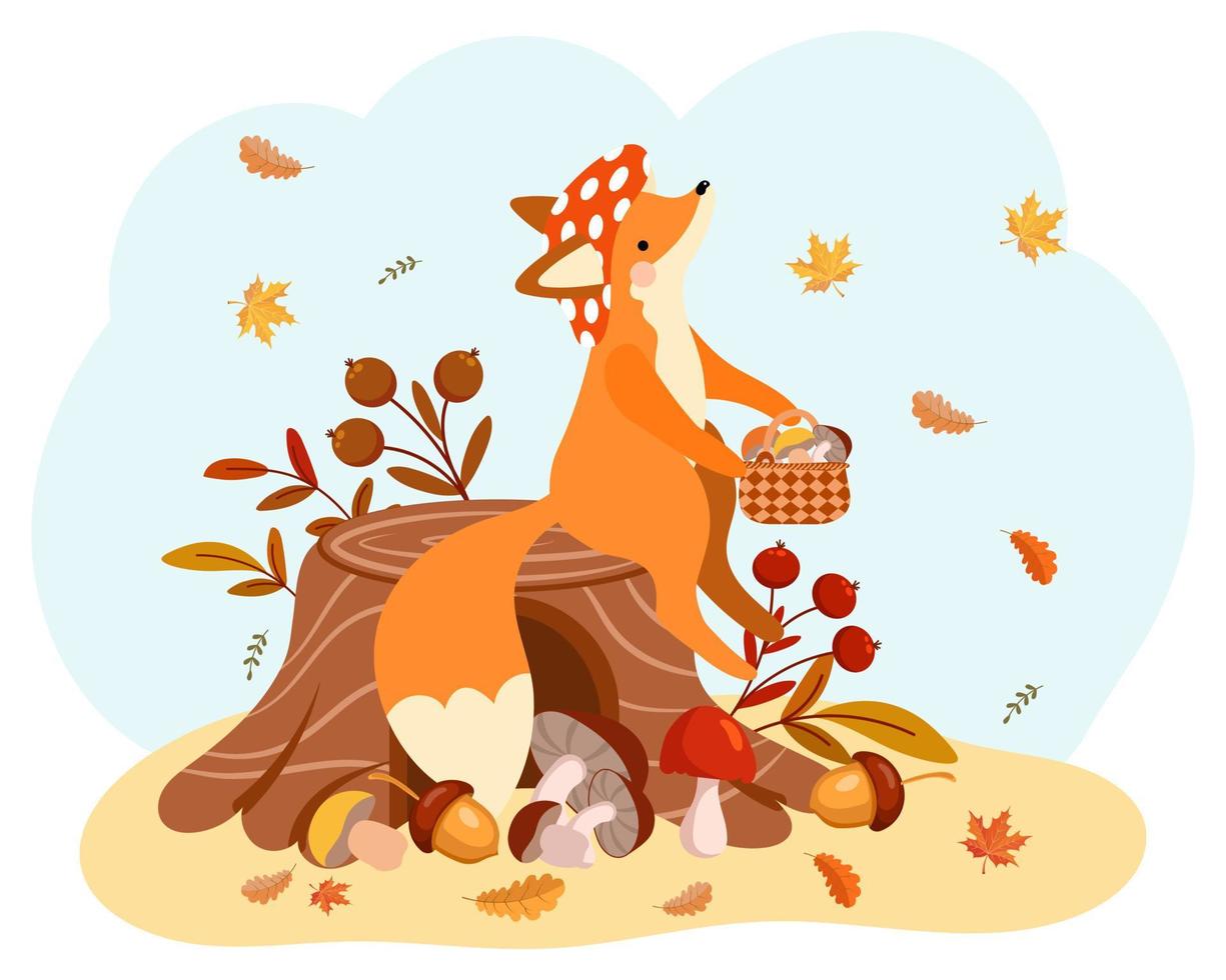 un lindo zorro de dibujos animados con un sombrero de agárico de mosca con una canasta de champiñones en un tocón. impresión infantil, ilustración de otoño, vector