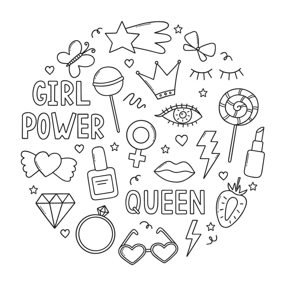 Hand drawn set of Girl power doodle. Feminist elements and girls party in sketch style. Vector illustration isolated on white background