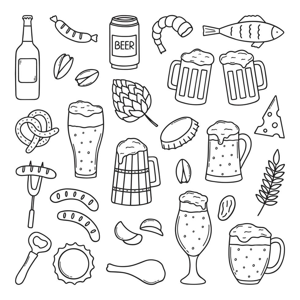 Hand drawn set of beer and snacks doodle. Brewery in sketch style. Vector illustration isolated on white background