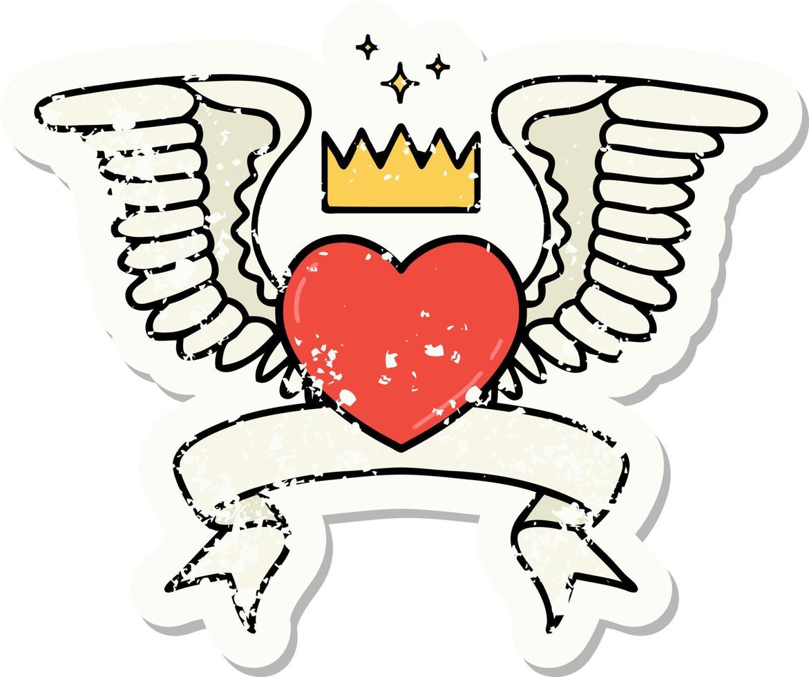 worn old sticker with banner of a heart with wings vector