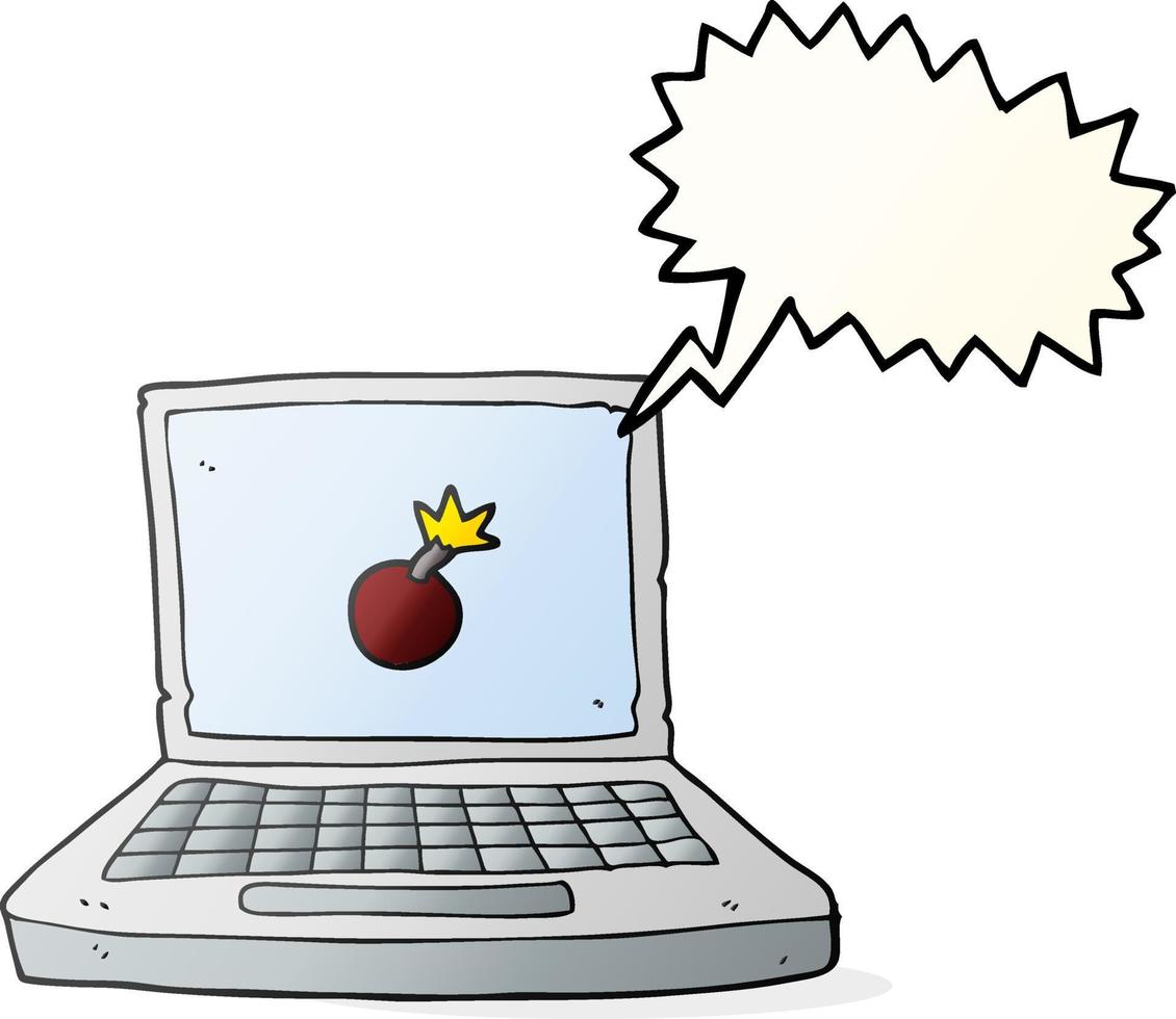 Discurso de burbuja dibujada a mano alzada cartoon ordenador portátil con símbolo de bomba vector
