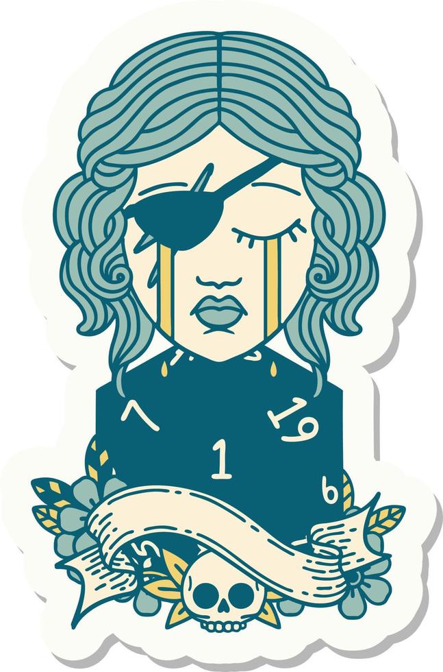 sticker of a crying human rogue with natural one D20 roll vector