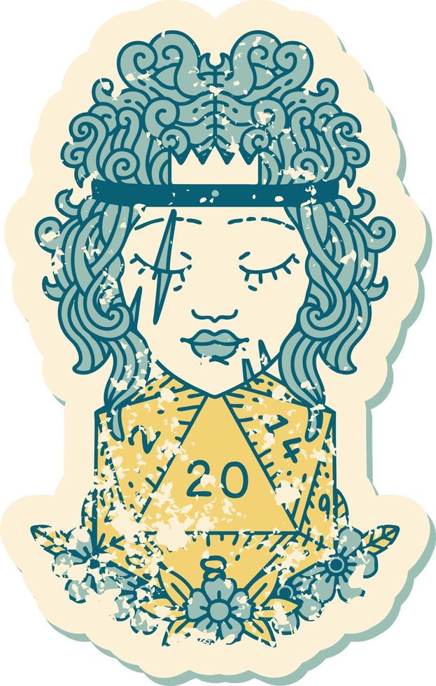 grunge sticker of a human barbarian with natural twenty dice roll vector